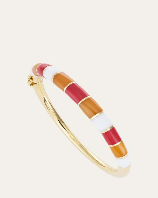 18K Yellow Gold Chunky Inlay Bangle Bracelet with Coral, Yellow Agate and White Onyx
